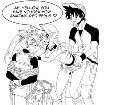 1boy 2girls bondage cuckquean doggy_style female forced_to_watch green_(pokemon) human human_only leaf_(pokemon) male monochrome netorare pokemon pokemon_(manga) pokemon_adventures pokemon_frlg pokemon_rgby red_(pokemon) rejection sex speech_bubble straight tears text tied yellow_(pokemon)