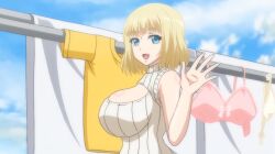 1girls alisa_(katainaka_ni_totsui_de_kita_russia_musume_to_h_shimakuru_ohanashi) blonde_hair blonde_hair_female blue_eyes breasts cleavage clothed_female female female_only gigantic_breasts hand_wave huge_breasts hyper_breasts katainaka_ni_totsui_de_kita_russia_musume_to_h_shimakuru_ohanashi looking_at_viewer massive_breasts open_eyes open_mouth panties russian_female russian_girl screencap short_hair short_hair_female smile white_clothing