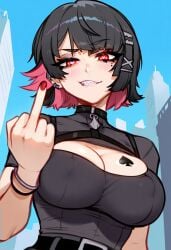 1girls ai_generated big_breasts cleavage ellen_joe female female_only grin heart-shaped_pupils light-skinned_female looking_at_viewer middle_finger nipple_bulge queen_of_spades reinafan solo tagme tattoo zenless_zone_zero