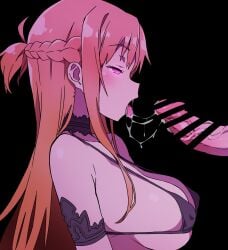 1boy after_fellatio armband bar_censor batta_16-sei black_background black_bra black_choker bra braid breasts censored choker commentary_request covered_nipples empty_eyes female from_side half_updo highres large_breasts long_hair micro_bra open_mouth orange_hair out_of_frame penis pink_eyes saliva saliva_on_penis saliva_trail simple_background solo_focus straight sword_art_online tongue tongue_out underwear underwear_only upper_body veins veiny_penis yuuki_asuna