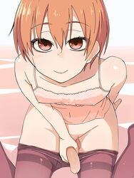 1boy :) arm_support brown_eyes brown_hair camisole covered_nipples crossdressing decensored erect_nipples eyelashes eyeliner foreskin from_above highres kinta_(kinta_no_mousou) kinta_(pixiv13253890) lingerie looking_at_viewer makeup male male_only masturbation original pantyhose pantyhose_pull penis sitting smile solo thighband_pantyhose trap uncensored uncut underwear wariza