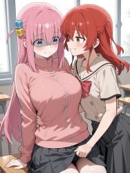 2020s 2025 2girls absurd_res adolescent ai_generated bare_thighs blue_eyes blush bocchi_the_rock! breasts classroom clothed clothed_female clothing couple female female/female female_only gotou_hitori green_eyes hair_ornament hi_res high_school_student indoors kita_ikuyo large_breasts light-skinned_female light_skin looking_at_partner miniskirt multiple_girls nervous parted_lips pink_hair red_hair school school_desk school_uniform schoolgirl shuka_high_school_uniform skirt_lift smile standing student teenage_couple teenage_girl teenage_girls teenage_tits teenager teenager_on_teenager teenagers teeth thighs very_long_hair young young_couple young_female yuri