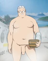 1boy chubby chubby_male fat fat_man flaccid foreskin glasses huge_cock male_only moobs moustache mustache nude public_bath round_glasses sakamoto_days solo solo_male tagme tarou_sakamoto white_hair