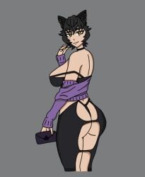 ass ass_focus big_ass big_breasts big_butt black_hair butt_focus cat_ears cat_girl cat_humanoid catgirl digitallycan ear_piercing ear_ring earrings eyeshadow female female_focus female_only hag kali_belladonna milf older_female revealing revealing_clothes rwby smug smug_expression smug_face smug_grin solo solo_female sweater sweater_dress tan_skin yellow_eyes