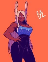 animal_ears breasts bunny_ears clothed dark_skin dominant dominant_female drooling giant_breasts huge_breasts intimidating jeans licking_lips long_hair mirko muscular my_hero_academia red_eyes sticking_out_tongue tank_top tanned_skin tight_clothing white_hair