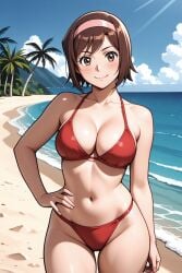 1girl ai-created ai_generated bare_shoulders beach bikini blue_sky blush breasts brown_eyes brown_hair cleavage closed_mouth cloud collarbone cowboy_shot day devilman female groin hairband hand_on_own_hip large_breasts looking_at_viewer medium_breasts miki_makimura navel ocean outdoors palm_tree pixiv red_bikini rena_aikawa_(pixiv_user) sand short_hair sky smile solo stable_diffusion standing stomach swimsuit thigh_gap thighs tree