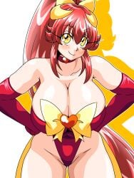 big_breasts breasts inabakun00 light-skinned_female light_skin looking_at_viewer original_character red_hair thighs yellow_eyes