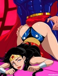 1boy all_fours artist_name ass ass_grab bare_shoulders belt bent_over black_hair blue_eyes blush bodysuit bracer breasts bulge cape circlet clark_kent clothing crown dc dc_comics diana_prince earrings erection erection_under_clothes female female imminent_penetration jewelry justice_league kwaiiarts large_breasts leotard lips lipstick long_hair makeup male parted_lips penis pink_lips red_leotard red_lips sash sex skin_tight smile solo_focus star_(symbol) star_earrings star_print straight superhero superheroine superman tagme thighs tiara top-down_bottom-up western_comic wonder_woman wonder_woman_(series)