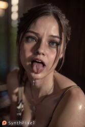 1girls ai_generated blue_eyes breasts claire_redfield detailed hi_res highres looking_at_viewer necklace resident_evil resident_evil_2 resident_evil_2_remake saliva solo synthpixel tongue tongue_out