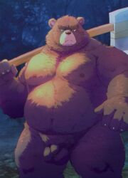 2025 anthro balls bear belly big_belly flaccid genitals hi_res kemono male mammal moobs night nipples outside overweight overweight_male penis plant solo tree weapon yakiniku