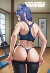 1girls ai_generated akatsuki_(naruto) ass_focus back_view bare_ass barely_clothed big_ass blue_hair blush breasts chin_piercing crop_top dat_ass eyeshadow facial_piercing female female_only flower flower_in_hair from_behind hair_bun hair_ornament highres indoors konan lipstick long_hair looking_away looking_back makeup mascara mature mature_female mostly_nude naruto naruto_(series) naruto_shippuden orange_eyes panties partially_clothed piercing pinup presenting presenting_ass presenting_hindquarters rear_view round_ass shiny shiny_hair shiny_skin side_bun sideboob simple_background single_girl sweat tank_top text tied_hair topless topwear underwear undressing upper_body workout_clothes