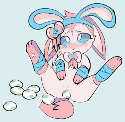 2023 andromorph bloowolfy cuntboy eeveelution egg egg_laying feral fur genitals hi_res intersex nintendo pink_body pink_fur pokémon_(species) pokemon pokemon_(species) pokemon_egg solo sylveon valentine_(bloowolfy) white_body white_fur