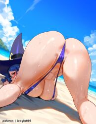 1girls ai_generated ass ass_focus beach breasts female female_only hat large_breasts light-skinned_female light_skin little_witch_academia looking_at_viewer looking_back lucyla outdoors partially_visible_vulva sling_bikini solo thighs top-down_bottom-up ursula_callistis witch_hat