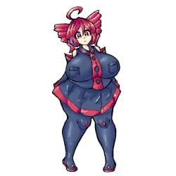 1girls ahoge black_shirt black_skirt black_thighhighs chubby drill_hair fat full_body headphones huge_breasts kasane_teto plump red_footwear red_hair shirt skirt thatartistann thighhighs twin_drills utau