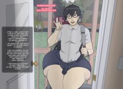 big_ass black_hair contingency day dialogue doorway english_text fat_ass femboy girly glasses greeting huge_ass huge_butt human human_male light-skinned_femboy light-skinned_male light_skin looking_at_viewer male outdoors short_hair shorts small_bulge small_cock small_penis solo solo_femboy solo_male talking_to_viewer thick_thighs waving wide_hips