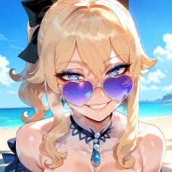 1girls ai_generated bangs bare_shoulders beach bikini blonde_hair blue-tinted_eyewear blue_eyes blue_sky blush bow breasts clavicle cleavage clothing cloud curvaceous curvaceous_female curvaceous_figure curvy curvy_figure day dress eyewear eyewear_on_head female female female_focus female_only genshin_impact grin hair_between_eyes hair_ornament hairbow heart heart-shaped_pupils jean_(genshin_impact) jean_gunnhildr jean_gunnhildr_(sea_breeze_dandelion) jewelry large_breasts long_hair looking_at_viewer looking_over_eyewear miyuai necklace ocean outdoors parted_lips ponytail purple-tinted_eyewear ribbon sand sidelocks sky smile solo sunglasses sweat swimsuit symbol-shaped_pupils teeth tied_hair tinted_eyewear upper_body voluptuous voluptuous_female water wet