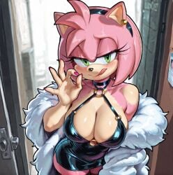 1girls ai_generated amy_rose black_dress cleavage coat fur_collar furry furry_female green_eyes hairband large_breasts licking_lips looking_at_viewer mobian_(species) pink_fur pink_hair seductive_look sonic_ sonic_(series) sonic_the_hedgehog_(series) stable_diffusion tongue