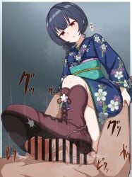 absurdres blue_kimono bootjob boots brown_footwear commission denki_anma footjob highres idolmaster idolmaster_shiny_colors japanese_clothes kimono milliani morino_rinze pixiv_commission red_eyes shoejob