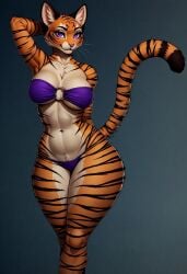 anthro bikini breasts breasts cleavage feline feline_humanoid female fur furry furry_female orange_fur purple_eyes striped_body tail thick_thighs