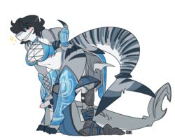 anthro armor balls breasts carmine_(sorimori) clothed clothes domination duo erection facesitting female femdom fish handjob humanoid_penis kneeling male marine navel partially_retracted_foreskin penis precum shark simple_background smile sorimori standing straight striped_tail stripes uncut white_background