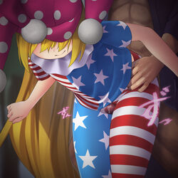 1boy afterimage american_flag american_flag_legwear american_flag_shirt bent_over between_thighs black_shirt blonde_hair bottomless censored closed_mouth clownpiece female flag_print hair hat headgear horizontal_stripes long_hair mikami_yuuki_(nl8you) mosaic_censoring motion_blur muscle open_clothes open_shirt outercourse pantyhose penis pink_hat polka_dot precum shirt short_sleeves smile solo_focus standing star_print striped thigh_sex touhou very_long_hair