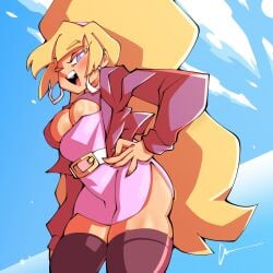 art_trade bangs belt bigdad blonde_female blonde_hair blonde_hair_female breasta breasts cleavage cleavage_overflow darnact female female_only gravity_falls hand_on_hip hoop_earrings kurdlez long_hair looking_at_viewer pacifica_northwest pink_dress purple_eyes purple_jacket tan-skinned_female tan_body tan_skin tanned_female thighhighs tight_clothing tight_dress waist_belt