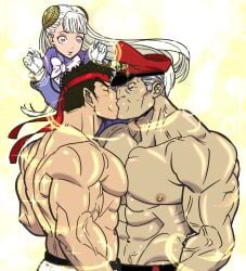 bara big_pecs closed_eyes female gay heart-shaped_pupils ingrid_(capcom) kissing m_bison makeout male muscular muscular_male rocckart ryu_(street_fighter) street_fighter yaoi_with_female_audience