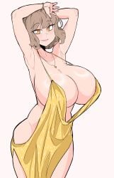 1girls anis_(nikke) armwear big_breasts bracelet breasts brown_hair cleavage dress female female_only goddess_of_victory:_nikke hair huge_breasts large_breasts necklace neckwear revealing_clothes revealing_dress short_hair skimpy skimpy_dress smile solo solo_female toohandy yellow_dress yellow_eyes