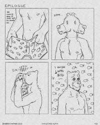 2025 4:5 absurd_res bear beard black_and_white boxers_(clothing) clothing comic dialogue english_text epilogue facial_hair fish heart_symbol hi_res line_art looking_away male mammal marine monochrome musk neck_tuft nipples pattern_boxers pattern_clothing pattern_underwear sharkinthepark solo spiral_eyes text tuft underwear