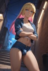 1futa ai_generated annoyed blonde_hair blue_eyes denim futa_only futanari hime_cut jamesbron long_hair navel night outdoors penis penis_bulge small_breasts solo solo_futa standing thighs two_tone_hair