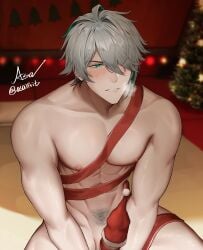 1boy absurdres alhaitham_(genshin_impact) aqua_eyes aqua_hair asaifrit blush bondage christmas christmas_tree completely_nude genshin_impact grey_hair hair_between_eyes hair_over_one_eye highres male_focus male_only multicolored_hair muscular muscular_male nipples nude nude_guy_wrapped_in_ribbons_standing_(meme) penis pubic_hair red_ribbon ribbon short_hair solo teeth