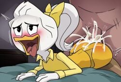 ai_generated anthro blush clothed_sex cum disney duck ducktales ducktales_(2017) from_behind furry may_duck ponytail stockings