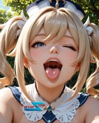 ai_generated barbara_(genshin_impact) blonde_hair blue_eyes cinematic genshin_impact park prevore sevanaicorp throat tongue tongue_out uvula vore