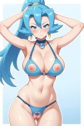 1girls ai_generated areola areolae armpit_fetish armpits arms_up bikini bikini_bottom bikini_top blue_eyes blue_hair blue_pubic_hair blush blush_lines blushing_at_viewer clair_(pokemon) closed_mouth collar earrings explicit fanart female female_focus female_only girl gym_leader hands_behind_head jorgecarlosai long_hair mouth_closed navel nipples pokemon pokemon_(series) pokemon_gsc pokemon_trainer ponytail pubic_hair pussy revealing revealing_clothes revealing_swimsuit ring sexy shy simple_background standing vagina visible_nipples visible_pussy watermark