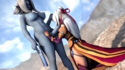 1girl1futa 3d animated armored_dress big_breasts blue_skin blue_sky blurry_background clothed_female clothed_female_nude_futanari clouds dark_elf deepthroat earrings fellatio futa_on_female futanari futanari_penetrating hair_ribbon hand_on_crotch kneeling lian_(paladins) mountain oral paladins penis_in_mouth pistol red_dress revealing_clothes rottingsfm saati_(paladins) sand source_filmmaker thick_thighs thighs weapon white_hair