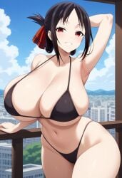 1girls ai_generated big_breasts bikini black_bikini black_hair breasts enormous_breasts female female_focus female_only huge_breasts kaguya-sama_wa_kokurasetai_~tensai-tachi_no_renai_zunousen~ large_breasts looking_pleasured red_eyes shinomiya_kaguya smiling smiling_at_viewer thick_thighs thighs