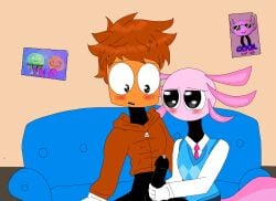 anemone axolotl axolotl_humanoid axolotl_tail big_eyes black_body blue_sofa blue_vest blush gills kinito kinitopet looking_down looking_up needy no_pants orange_hair orange_jacket pink_head pink_tie poster precum sam_the_sea_anemone sharp_teeth shiny_eyes shiny_hair square_head stroking stroking_penis surprised_expression sweatdrop white_gloves wide_eyes