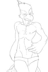 1boy abs anthro athletic avian beak bird black_and_white bulge clothed clothing ducati falco_lombardi front_view line_art looking_away lowleg male male_only monochrome navel nintendo nipples pinup pose solo standing star_fox topless underwear video_games