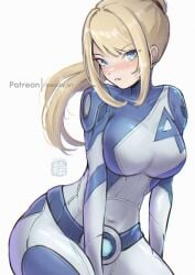 2d big_breasts blonde_hair blue_eyes blush bodysuit breasts chascoby fantastic_four invisible_woman_(cosplay) looking_at_viewer marvel marvel_rivals metroid ponytail samus_aran sitting skin_tight solo solo_female thin_arms tight_bodysuit tight_clothing