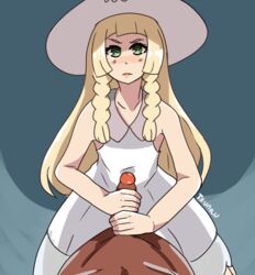 1boy 1girls clothed clothed_female_nude_male dark-skinned_male female green_eyes handjob human human_only lillie_(pokemon) penis pokemon pokemon_sm straight text tsunau