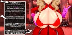 1girls alternate_version_available ann_takamaki big_breasts blonde_hair bodysuit bra breasts breasts_out caption catsuit cyshen dominatrix earrings english english_text face_out_of_frame jerk_off_instructions joi kumaccino large_breasts latex latex_gloves latex_suit long_hair persona persona_5 red_clothing red_latex solo teenager text_box tight_clothing twintails unzipped_bodysuit