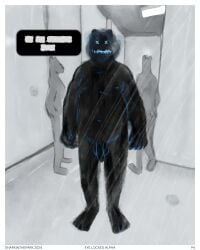 2024 absurd_res anthro balls bear belly blue_eyes censored_text comic drain furry genitals hi_res male mammal nipples penis sewn_mouth sharkinthepark shower shower_room simple_background speech_bubble walking_away x_eyes