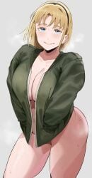 1girls blonde_girl_(okpriko) breasts female female_focus female_only jacket jacket_only large_breasts light-skinned_female light_skin looking_at_viewer okpriko original solo thick_thighs thighs