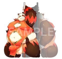 anthro asian_clothing balls bear belly blush chi_tiu chinese_clothing chinese_dress clothing dress east_asian_clothing erection erection_under_clothing fanfan genitals giant_panda grin male mammal moobs nipple_outline overweight penis quarterstaff sample_text smile smirk solo