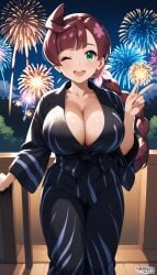 1girls ai_generated alternate_breast_size big_breasts braid braided_hair breasts chloe_(pokemon) cleavage collarbone female fireworks game_freak green_eyes huge_breasts japanese_clothes kemono large_breasts light-skinned_female light_skin long_hair new_year nintendo pokemon pokemon_anime ryuzam single_braid solo traditional_clothes