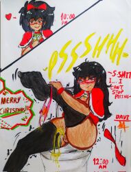 1girls 2koma alphahyoudou bathroom black_hair black_thighhighs bow bow_panties christmas christmas_outfit davi_(alphahyoudou) english_text female glasses long_hair missing_toilet onomatopoeia original peeing pink_panties pussy solo stained_panties thick_thighs thighhighs thighs toilet wet wet_panties
