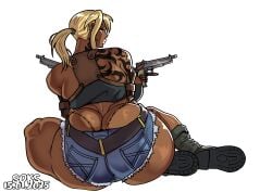 alternate_body_type ass big_breasts big_lips black_lagoon denim_shorts female ganguro gyaru huge_ass huge_butt ponytail revy shorts soks(artist) tan_body tattoo thong_leotard