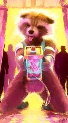 anthro bodily_fluids clothing cum erection fluffy genital_fluids genitals guardians_of_the_galaxy hi_res kneeling knot leaking_cum male mammal marvel penetrable_sex_toy penis procyonid raccoon rocket_raccoon sex_toy shirt sidekick solo tail tank_top tongue tongue_out topwear yellow_eyes