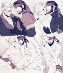 2boys abs anal ass bara body_hair facial_hair male male_only metal_gear_solid monochrome multiple_boys muscle muscles pecs revolver_ocelot sex smile solid_snake undressing wince yaoi