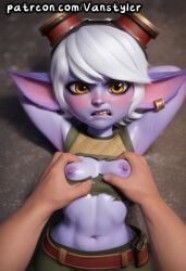 ai_generated animal_ears blush embarrassed grabbing groping groping_breast human human_on_anthro league_of_legends looking_at_viewer looking_pleasured male patreon pierced_ears piercing pov pov_eye_contact pov_male purple_skin riot_games ripped_clothing shortstack slim_waist small_breasts torn_clothes tristana vanstyler white_hair yellow_eyes yordle